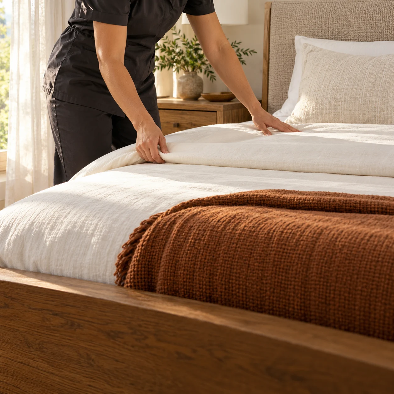 A cleaning professional carefully straightening fresh bedding