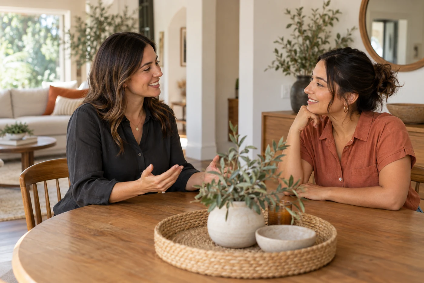 Two women enjoying a friendly conversation at a dining table