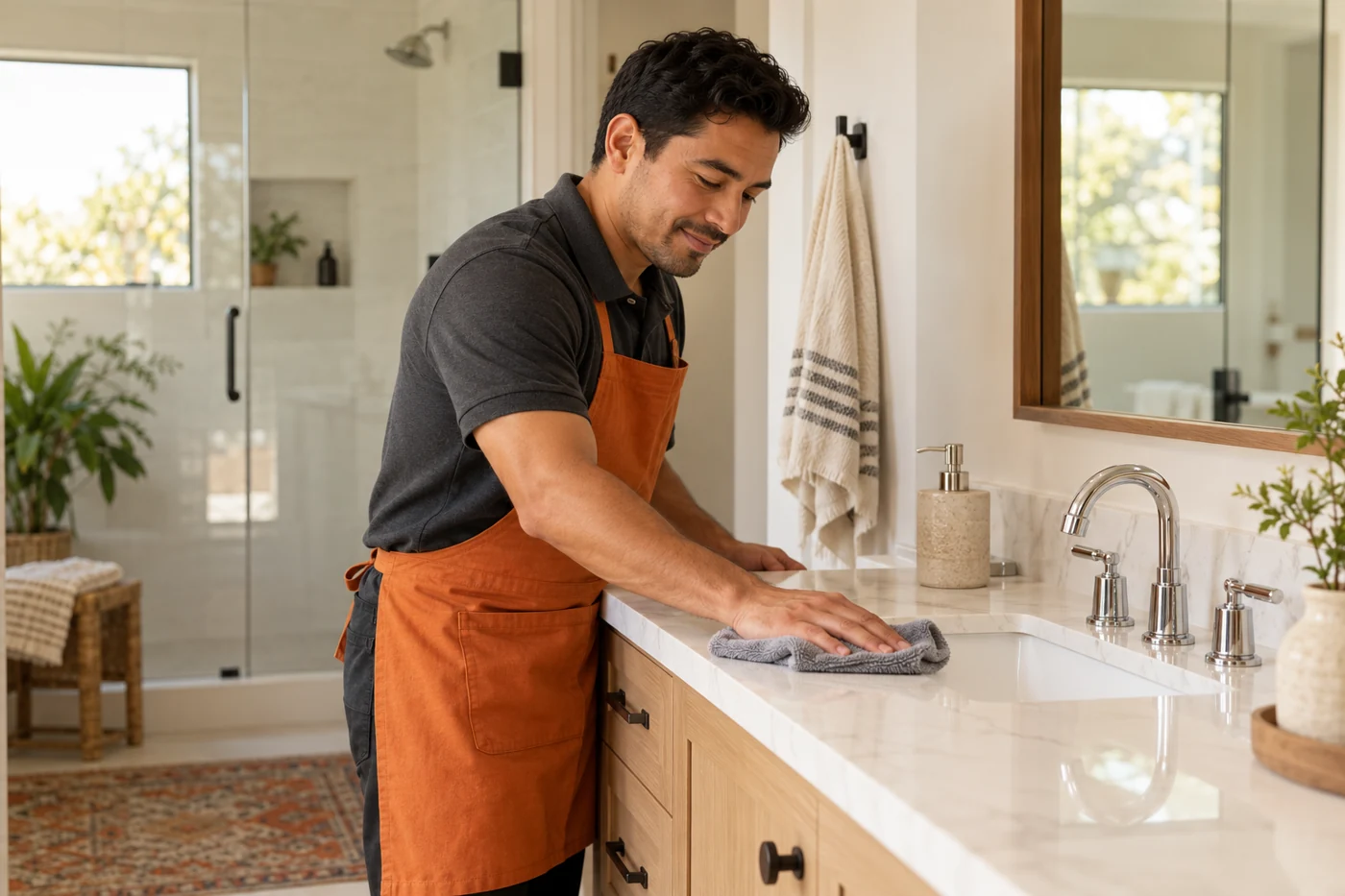An illustrative cleaning professional carefully wiping a bathroom vanity