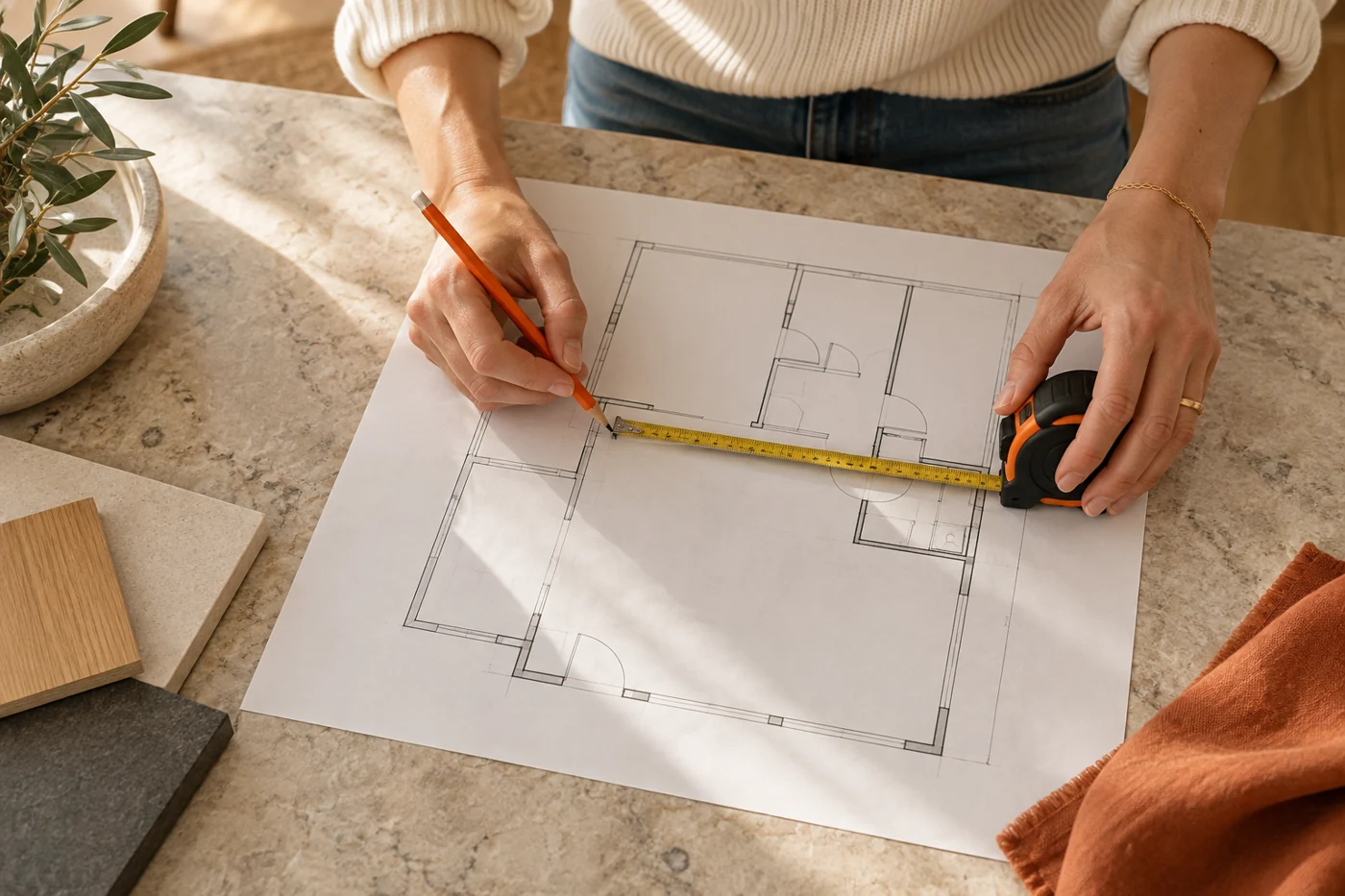 Hands reviewing a home floor plan to understand the space