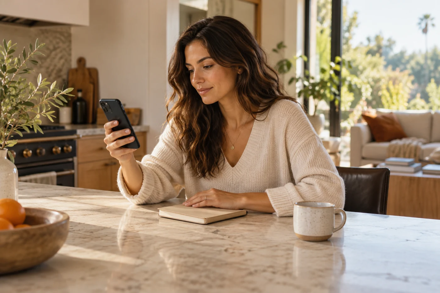 A homeowner checking her phone for a reply