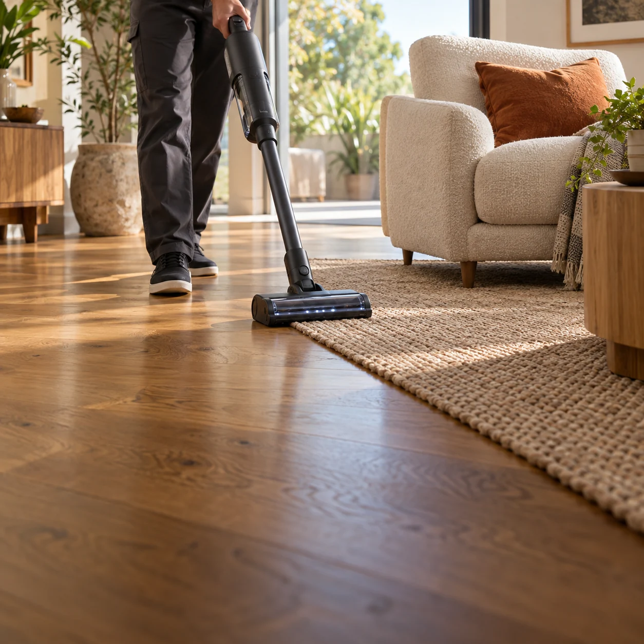 A cleaning professional vacuuming an oak floor beside an armchair and rug