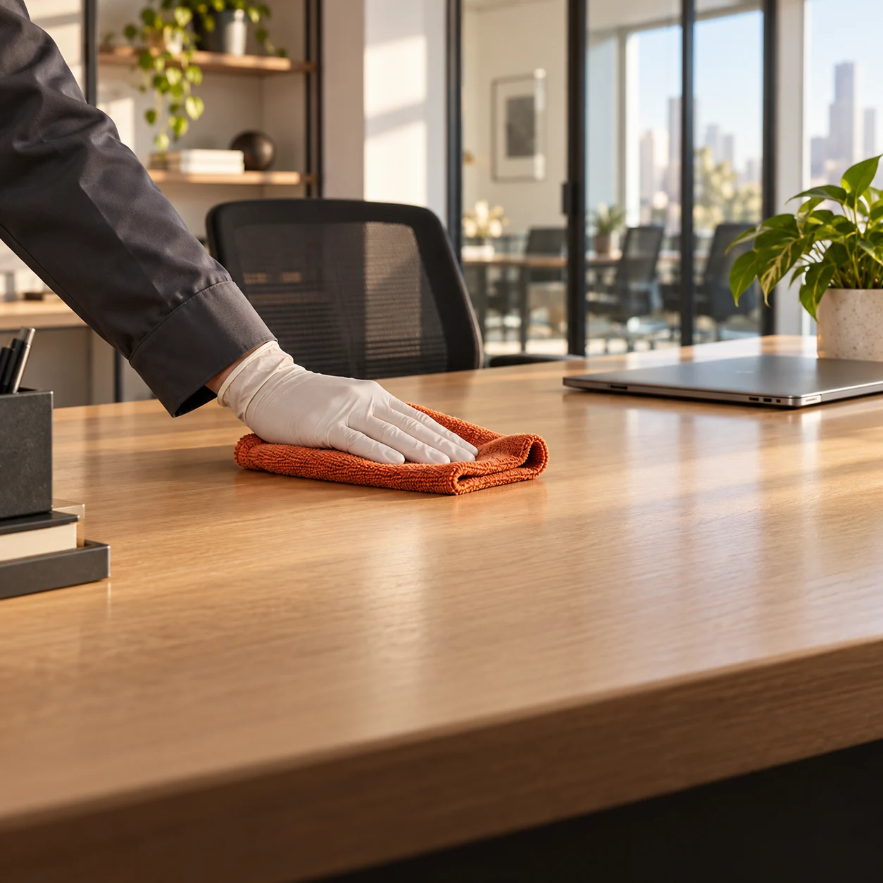 A gloved hand wiping a clear office desk with an orange microfiber cloth